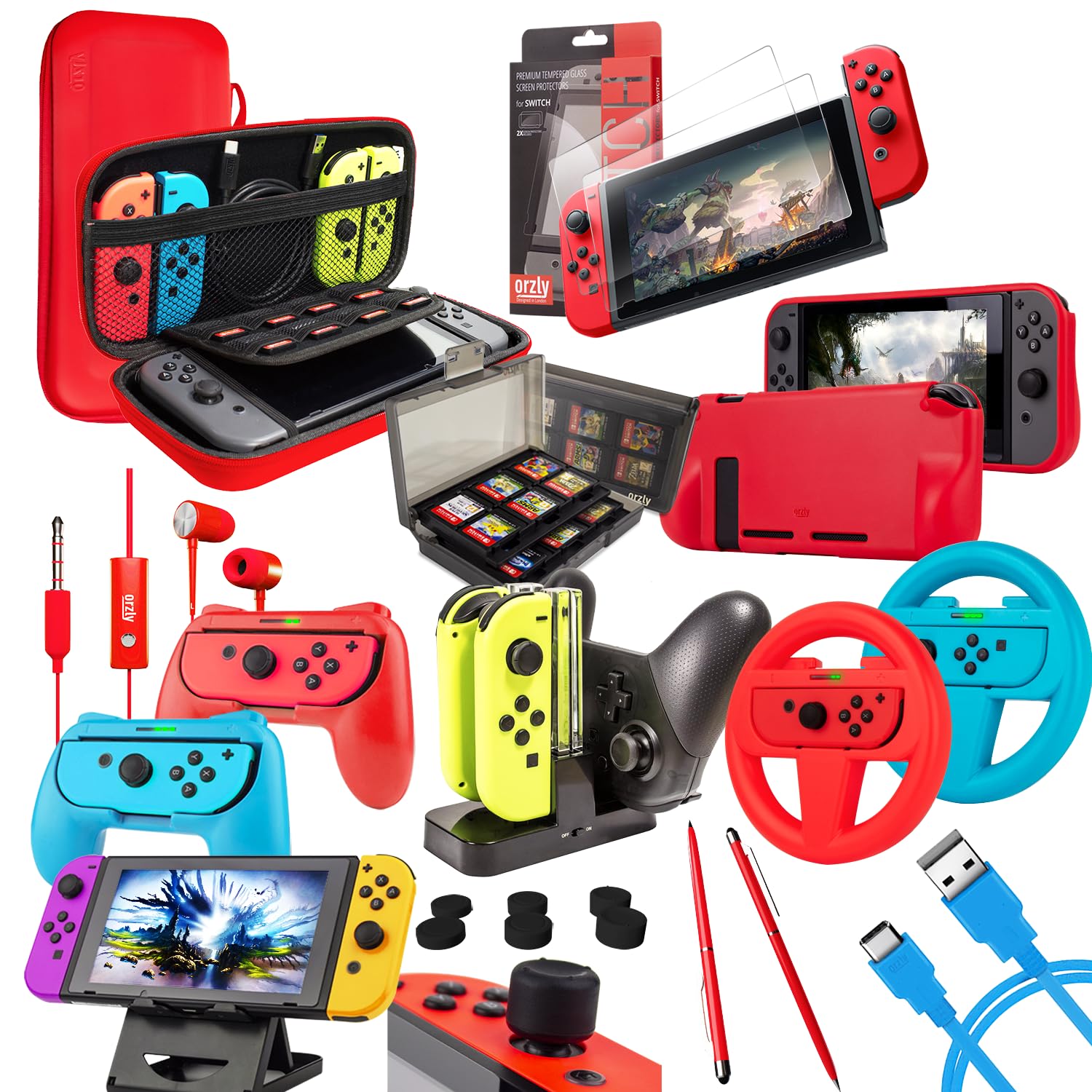 Orzly Accessories Bundle Compatible with Nintendo Switch Geek Pack: Case & Screen Protector, Joycon Grips & Racing Wheels, Controller Charge Dock, Comfort Grip Case & More - ColorPop