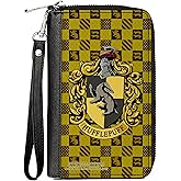 Buckle-Down The Wizarding World of Harry Potter Wallet, Zip Around, Hufflepuff Crest Heraldry Checkers Golds Black, Vegan Leather
