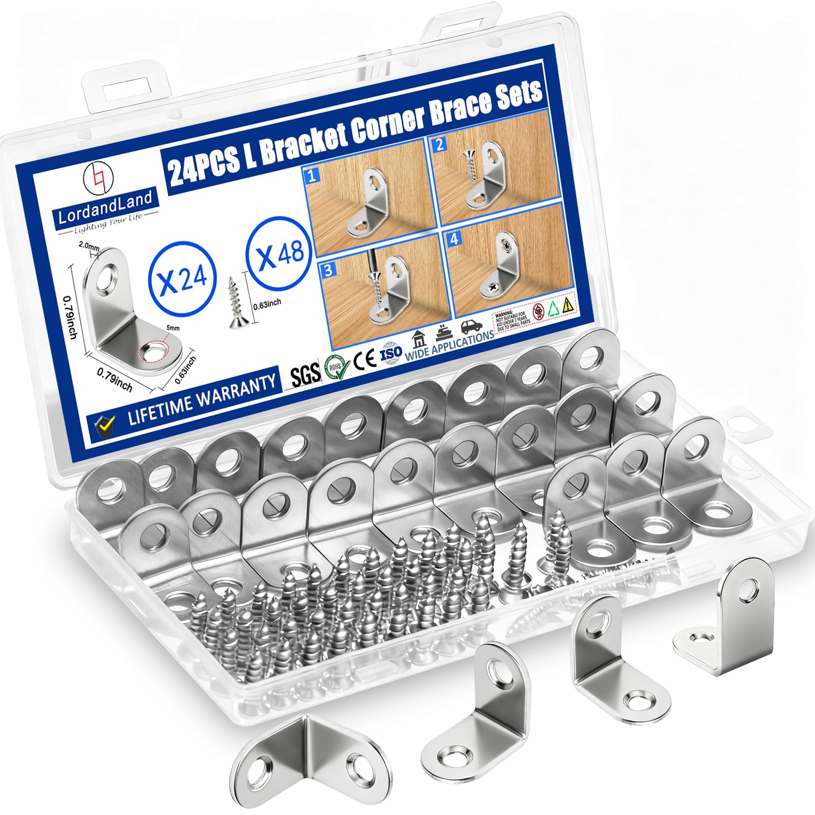 Photo 1 of 24PCS L Bracket Corner Brace, Stainless Steel L Brackets for Shelves, Metal Corner Bracket, Small Right Angle Brackets for Wood Furniture Chair Drawer Cabinet with 48PCS Screws (0.79 x 0.79 inch)