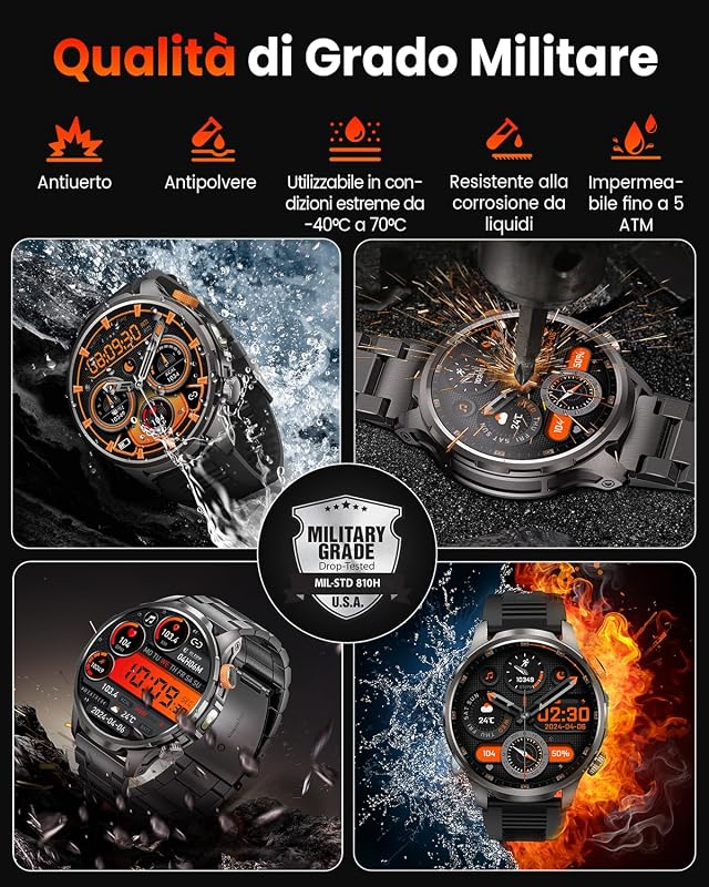 Smartwatch Uomo Militare con 1000mAh/Torcia LED, Nero — foto 3 di 8