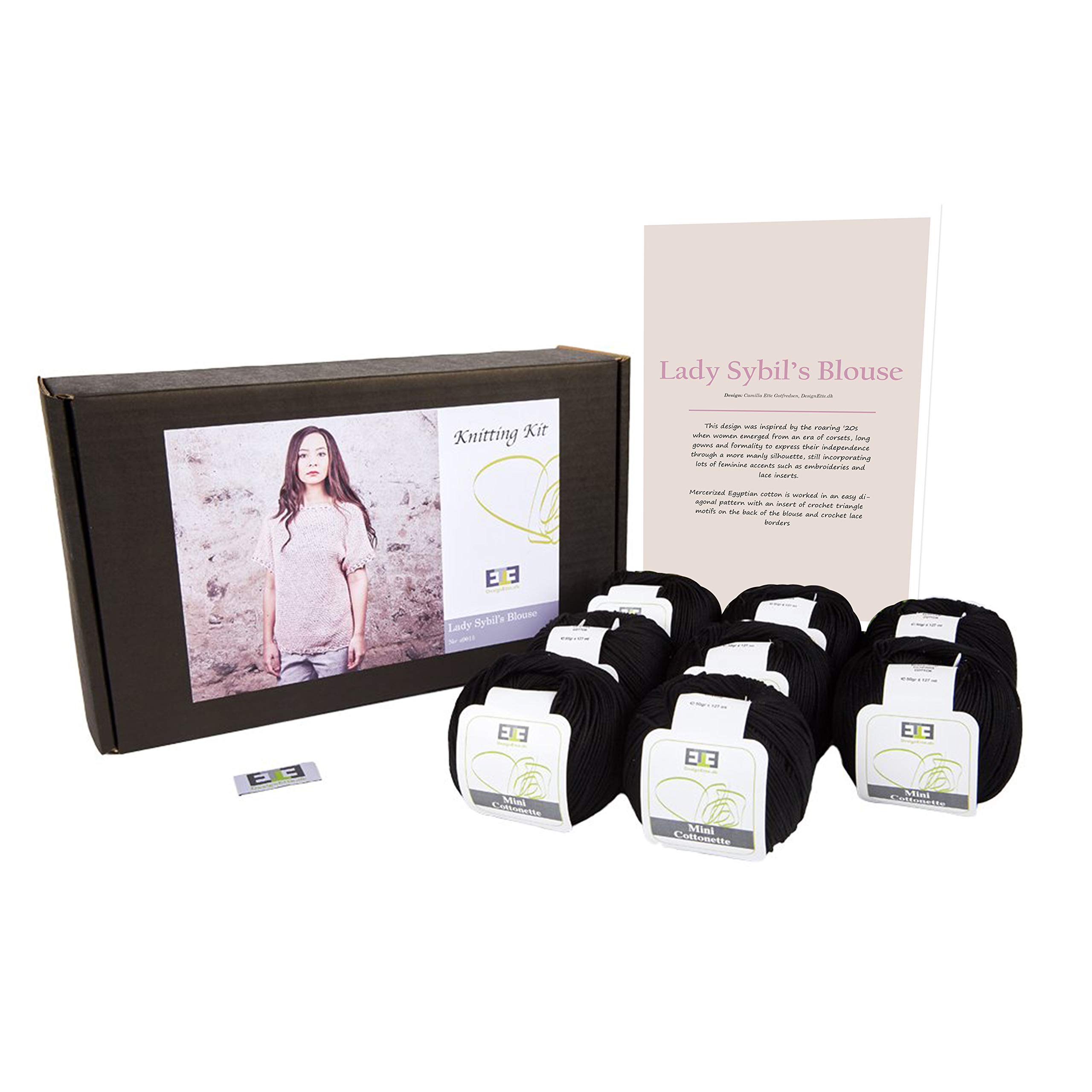 DesignEtte Lady Sybil’s Adults Knitting Kit 100 Percent Mercerized Egyptian Cotton Wool Yarn Balls and Pattern in a Set Beginner Starter Handcrafts Pack Box 50g≈127m/5ply Black 7, 3XL