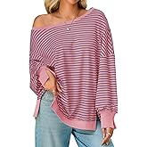 Tankaneo Womens Striped Oversized Sweatshirt Off The Shoulder Lantern Long Sleeve Top Split Fall Trendy Pullover 2025