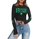 For G and PL Women St. Patrick's Day Crewneck Long Sleeve Shirt Shamrock Slim Fitted Ribbed Crop Top