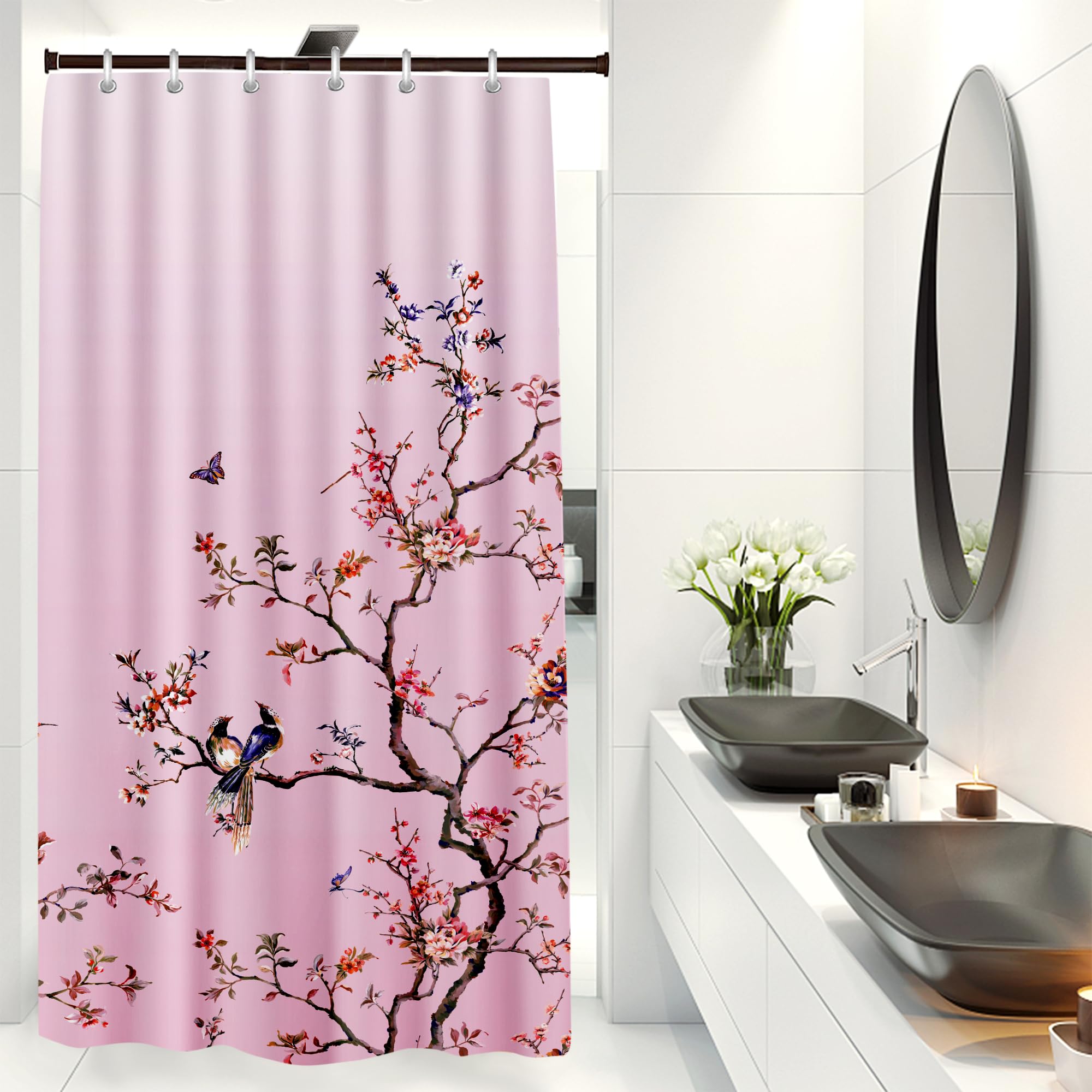 LIVETTY Pink Bird Floral Shower Curtain 90cm × 180cm Mould Proof Butterfly Fabric Bathroom curtain For Women & Men With 12 Hooks Washable Quick-Drying Curtains — image 1