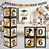 2026 Graduation Party Decorations - Black Balloon Boxes with Letters, "GRAD" &amp; "So Proud of You" &amp; "2026", 20pcs Balloons, Graduation Photo Props for High School College Class of 2026 Celebration