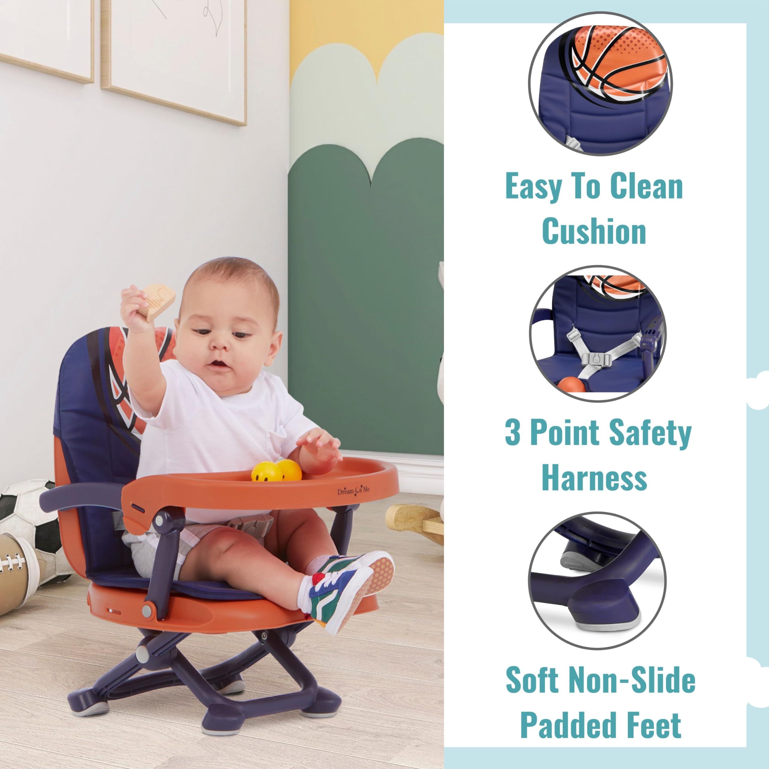 Dream On Me Munch N Go Booster Seat for Dining Table, Lightweight Compact Fold Travel Booster Seat, 3-in-1 Convertible, Four Level Height Adjustment and Easy Tray Removal