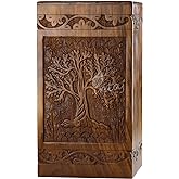 INTAJ Handcarved Wooden Cremation Urn for Human Ashes - Tree of Life Design, 115 lbs Capacity, Suitable for Adult Men and Women, Mom and Dad - Decorative Funeral Urn Box and Casket