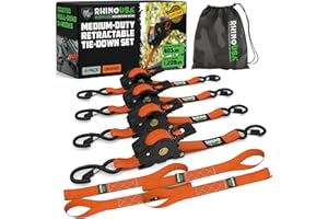 Rhino USA Retractable Ratchet Straps (4-Pack) - 1 Inch x 10 Feet (1,209lb Break Strength) - Auto Self Retracting Tie Down Straps for Truck, Cargo Trailer, Motorcycle, ATV, UTV - Orange