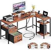 Furologee L Shaped Computer Desk with Power Outlet, Reversible Home Office Desk for Work Study, 50 Inch Corner Gaming Table with File Drawer, Monitor Stand, Storage Shelves, Rustic Brown