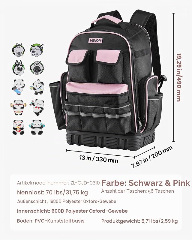 Werkzeugrucksack, 56 Taschen, Werkzeug-Aufbewahrungs-Organizer, Backpack mit Laptopfach, Baustellenrucksack, Werkzeugtasche für Elektriker, Reparaturarbeiter & Heizungstechniker