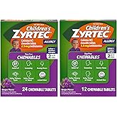 Children's Zyrtec Dye-Free Chewables for 24 Hour Allergy Relief, 2.5 mg Cetirizine Hydrochloride Antihistamine Tablets, Kids Allergy Medicine Relieves Sneezing & Itchy Throat, Grape, 24 + 12 ct