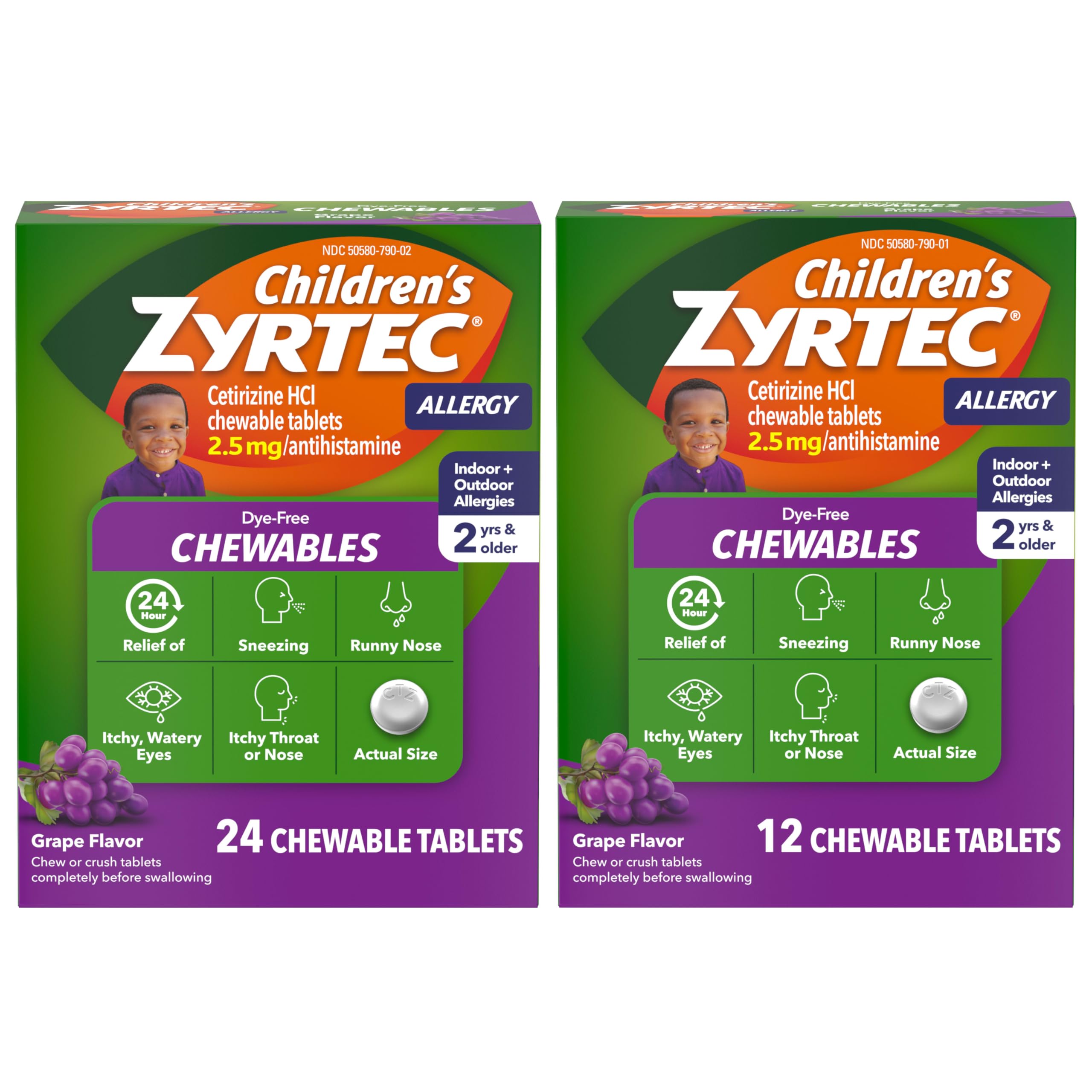 Photo 1 of Children's Zyrtec Dye-Free Chewables for 24 Hour Allergy Relief, 2.5 mg Cetirizine Hydrochloride Antihistamine Tablets, Kids Allergy Medicine Relieves Sneezing & Itchy Throat, Grape, 24 + 12 ct
