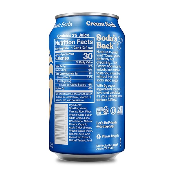 POPPI SPARKLING PREBIOTIC SODA BEVERAGE WITH APPLE CIDER VINEGAR, SELTZER WATER AND FRUIT JUICE, CREAM SODA FLAVOR, 12 FL OZ, PACK OF 12, PACKAGING MAY VARY
