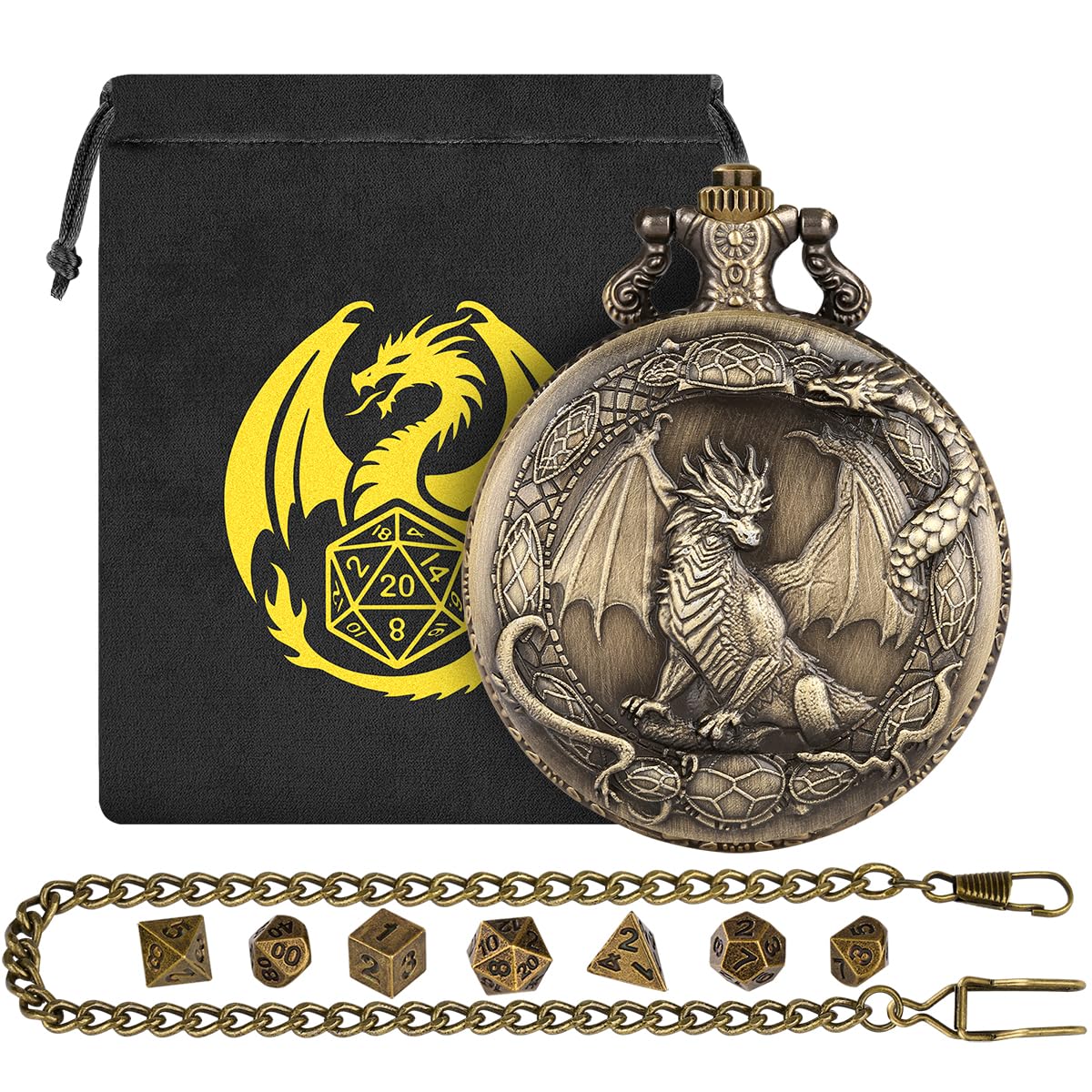 Mini DND Dice Set with Border Standing Dragon Pattern Pocket Watch Shell Case, DND Starter Set, 7pcs Polyhedral Metal Dice Set, D&D Gifts with Gift Bag, Role Playing Board Game Accessories, Bronze