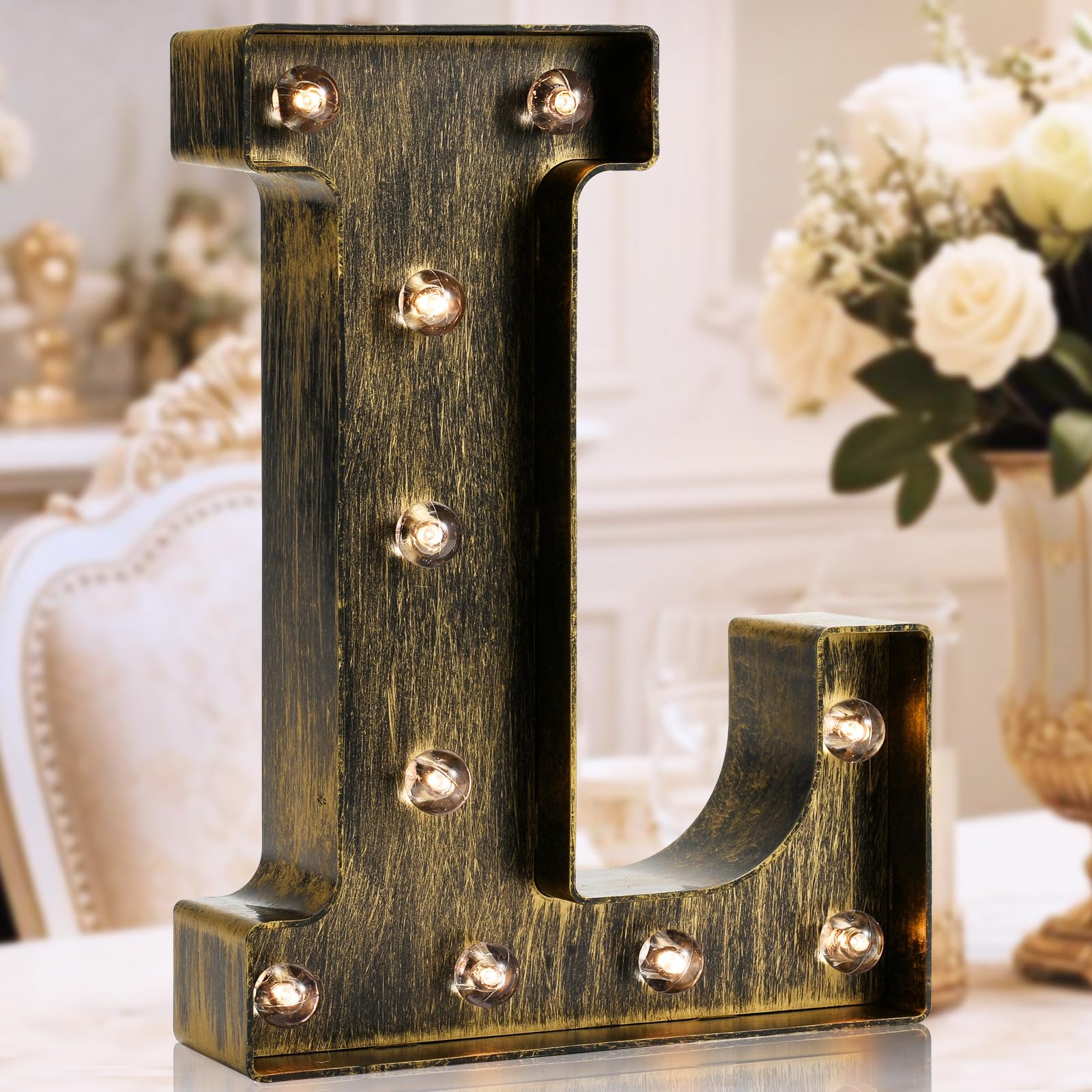 Golden Black Led Marquee Letter - Industrial, Vintage Style Light Up Alphabet Letter Sign for Cafe Wedding Birthday Party Christmas Lamp Home Bar Initials Decor - L