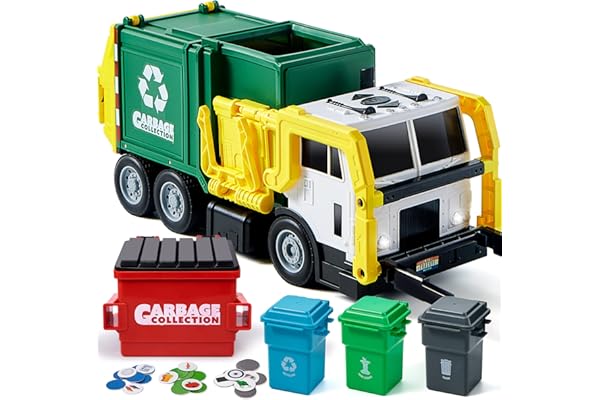JOYIN Large Friction Powered Garbage Truck Toy Set, Includes 1 Dumpster, 3 Trash Bins, and 30 Learning Cards for Kids, Boy To