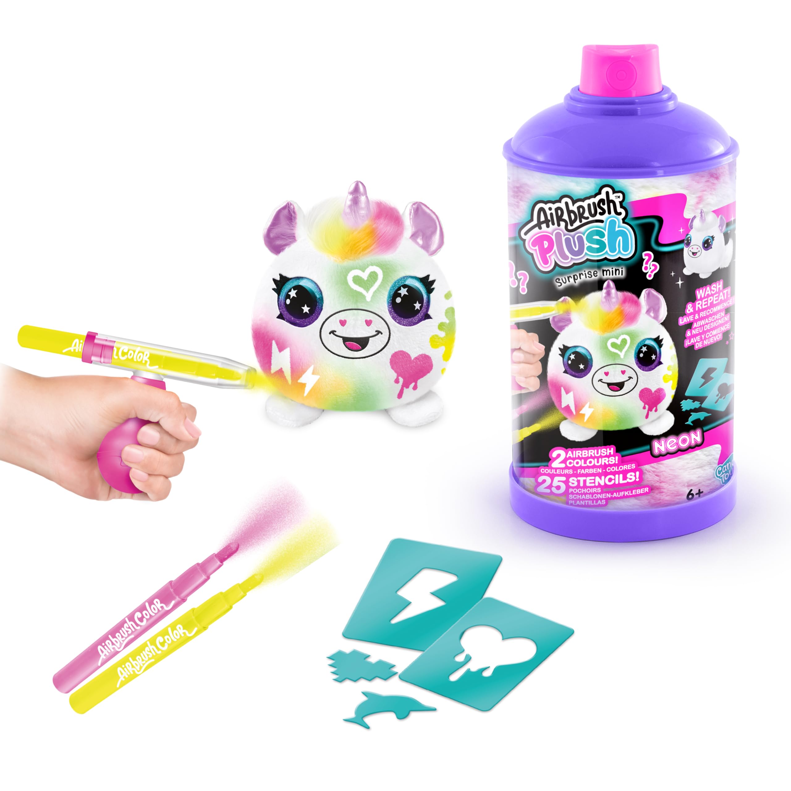 Airbrush Plush Mini Surprise - Decorate, wash and Repeat - Customise with Pens and Stencils, Neon Colours, Pink
