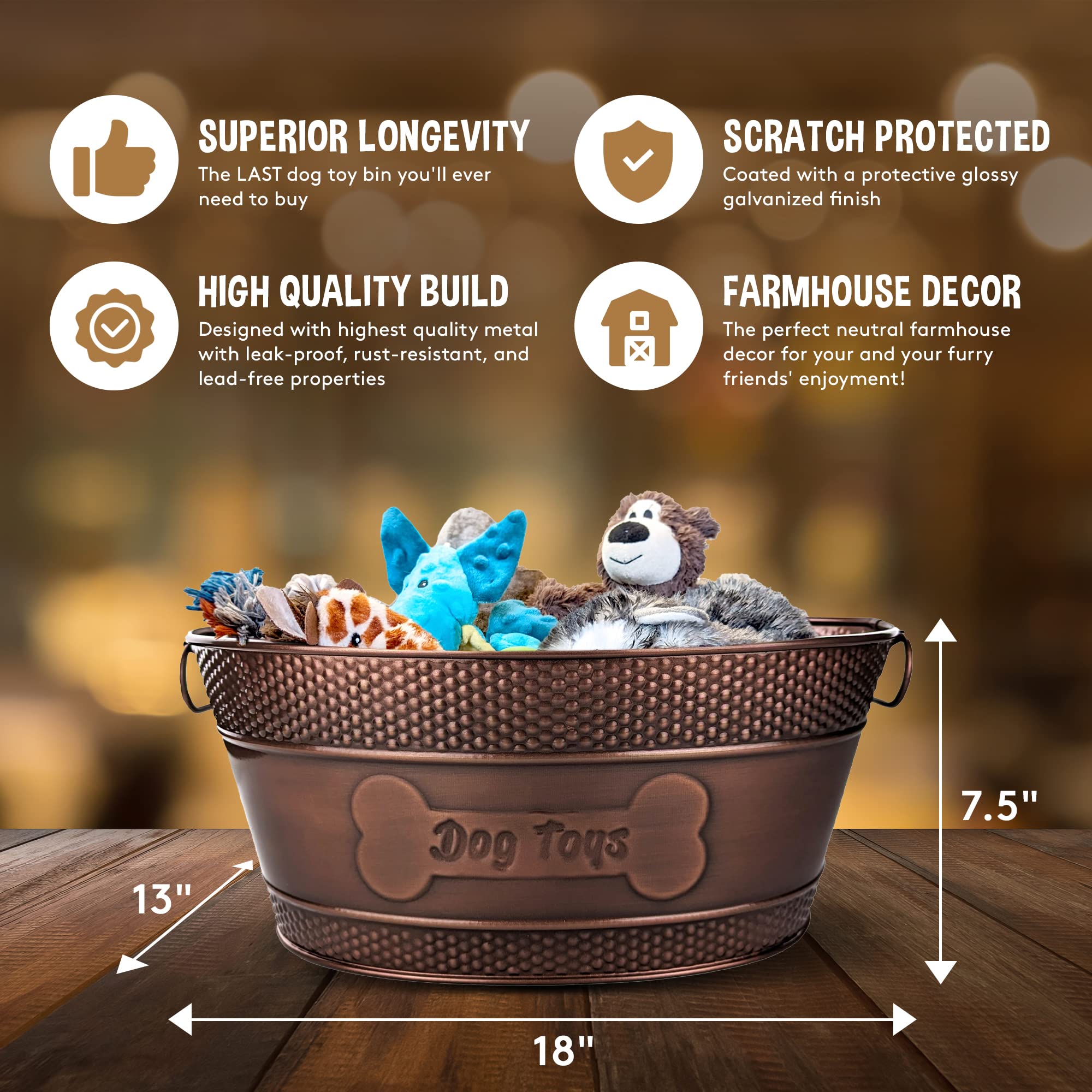 BREKX Indestructible Metal Dog Toy Bin - Copper Galvanized Storage Bin with Handles, Pet Storage Organizer - Ropes, Blankets, & Leashes, Bone Design Pet Toy Box (15-Quart)