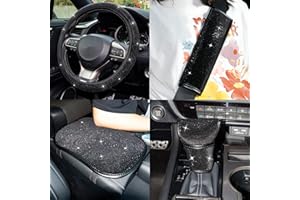 Amiss 5 Pack Bling Car Interior Accessories for Women Interior Cute Set, Sparkly Steering Wheel Cover Set, Bling Seat Belt Covers Shoulder Pads 2PCS, Bling Car Armrest Cover Gear Shift Cover - Black