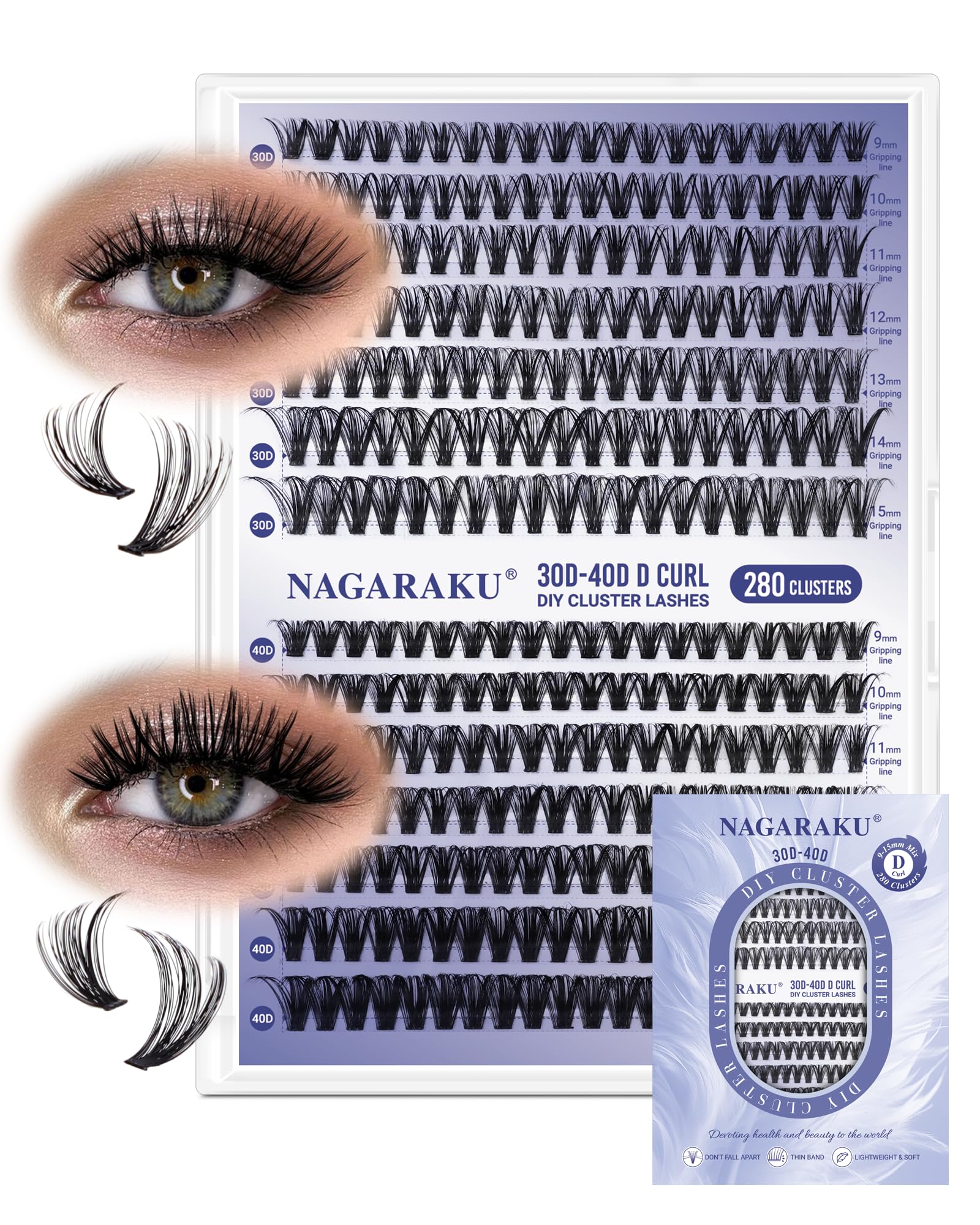 NAGARAKU Lash Clusters, 280pcs 30D&40D DIY Cluster Lashes Individual Cluster Eyelash Extensions Volume False Eyelash Thin Band Lash (Black, 0.07mm D Curl 9-15mm Mix Length) — image 1