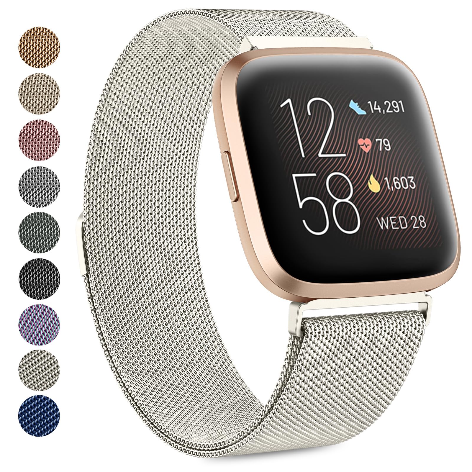 Compatible with Fitbit Versa/Versa 2 Strap for Women Men, Breathable Stainless Steel Mesh Loop Adjustable Wristband Replacement Metal (Starlight, Large)