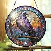 FLAGWIX Raven Stained Glass Window Hanging 8 in - Crow Gifts Decorations - Black Crow Sun Catchers Indoor Window for Gothic Home Decor, The Raven Gifts for Women Men Friends Family