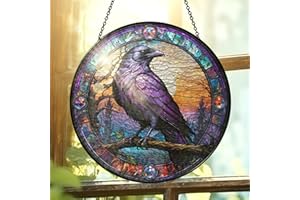 FLAGWIX Halloween Decorations Indoor Outdoor - The Crow Raven Stained Glass Window Hanging 8in - Black Crow Suncatchers for Gothic Home Decor, Halloween Fall Christmas Decor Gifts for Men Women