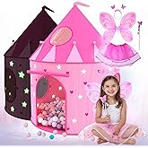 Playz Princess Castle Pop Up Tent & Dress Up Set – Kids Pink Playhouse Tent for Girls with Glow in The Dark Stars, Foldable Indoor Outdoor Toddler or Baby Girl Tent with Carrying Case