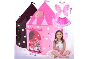 Playz Princess Castle Pop Up Tent & Dress Up Set – Kids Pink Playhouse Tent for Girls with Glow in The Dark Stars, Foldable Indoor Outdoor Toddler or Baby Girl Tent with Carrying Case