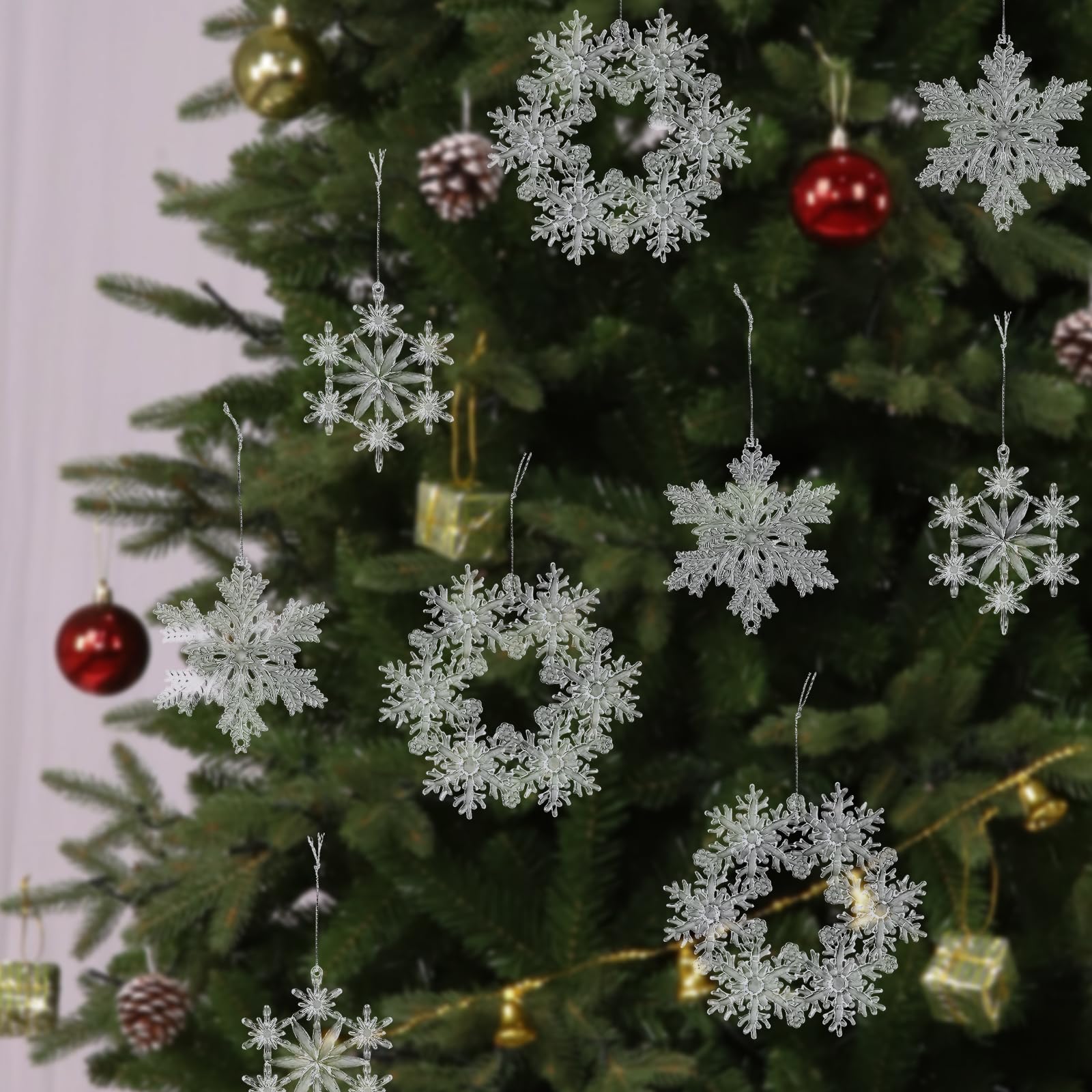 Photo 1 of 18 PCS Christmas Tree Decorations 3 Styles Snowflake Clear Acrylic Ornaments Hanging Plastic Ornaments for New Year Winter Holiday Wedding Party Decor