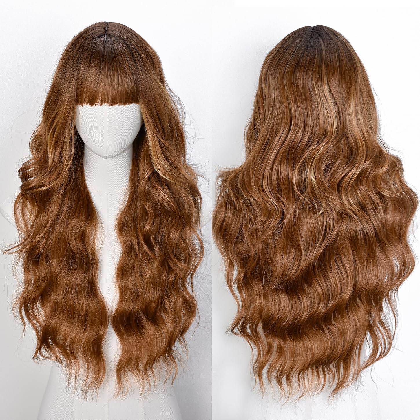 CoCrowns Wig with Bangs Long Wavy Wigs for Women Long Curly Synthetic Wig for Party Daily Use (Blonde Hightlight)
