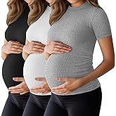 Ficerd 3 Pack 92% Cotton Ribbed Maternity T-Shirts for Women, Mock Turtleneck Side Ruched Slim Short Sleeve Pregnancy Tops