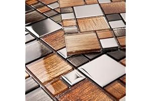 Adedeo Glass Mosaic Tile Brown and Silver 12 x 12 Inch for Kitchen Backsplash Bathroom Wall (5-Pack, 5 sq.ft.)