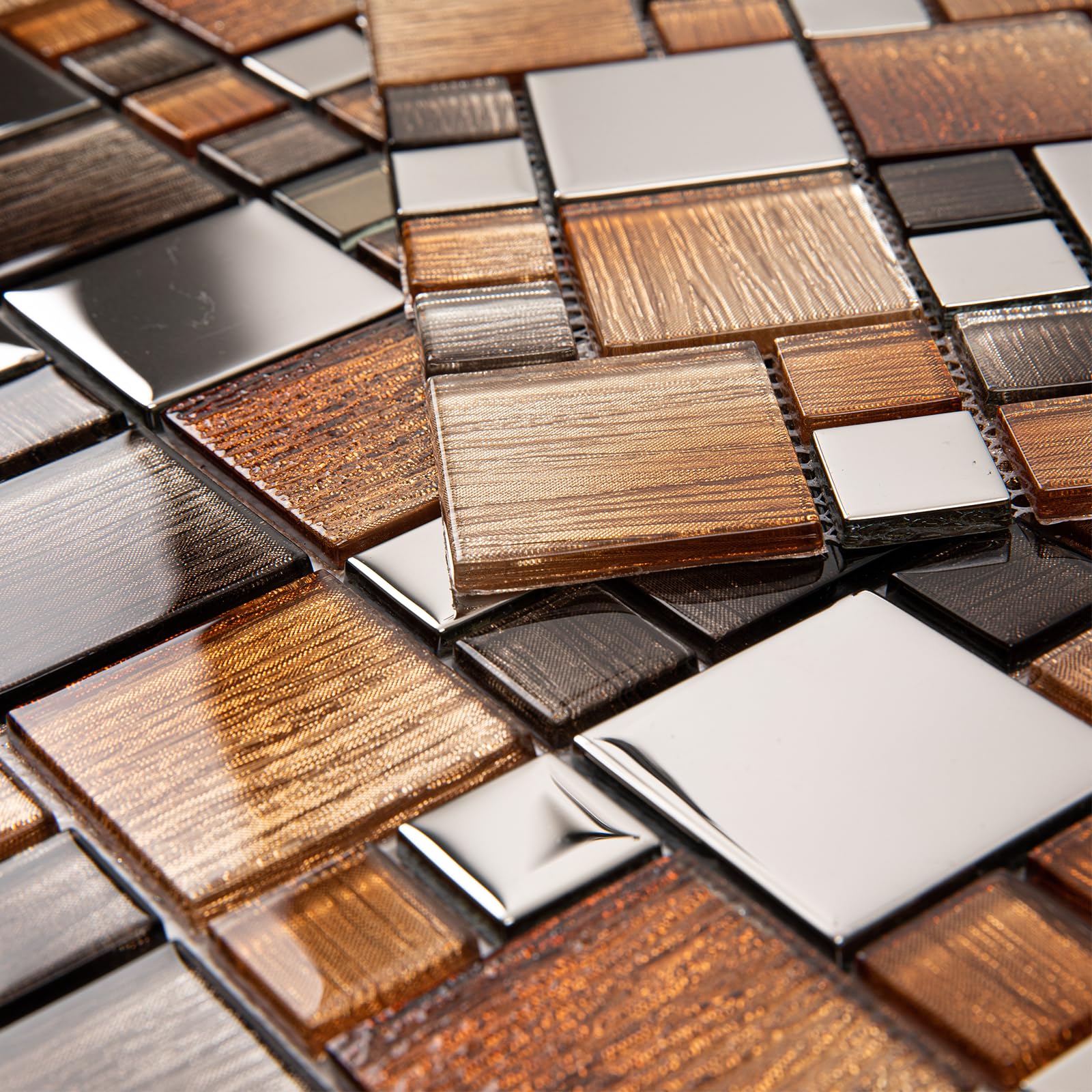 Photo 1 of Adedeo Glass Mosaic Tile Brown and Silver 12 x 12 Inch for Kitchen Backsplash Bathroom Wall (5-Pack, 5 sq.ft.)