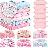 Fanfanwin 18 Pcs Sleepover Party Supplies for Girls, 6 Style Cute Pink Snowman Blanket 6 Coral Fleece Spa Headband 6 Plush Pink Eye Mask Cover for Slumber Sleepover Spa Party Gift