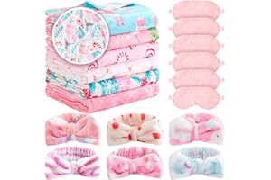 Fanfanwin Pink Christmas Blanket Set 18 Pcs Sleepover Party Supplies for Girls, 6 Style Cute Pink Blanket 6 Coral Fleece Spa Headband 6 Plush Eye Mask Cover for Christmas Decor Gifts for Women