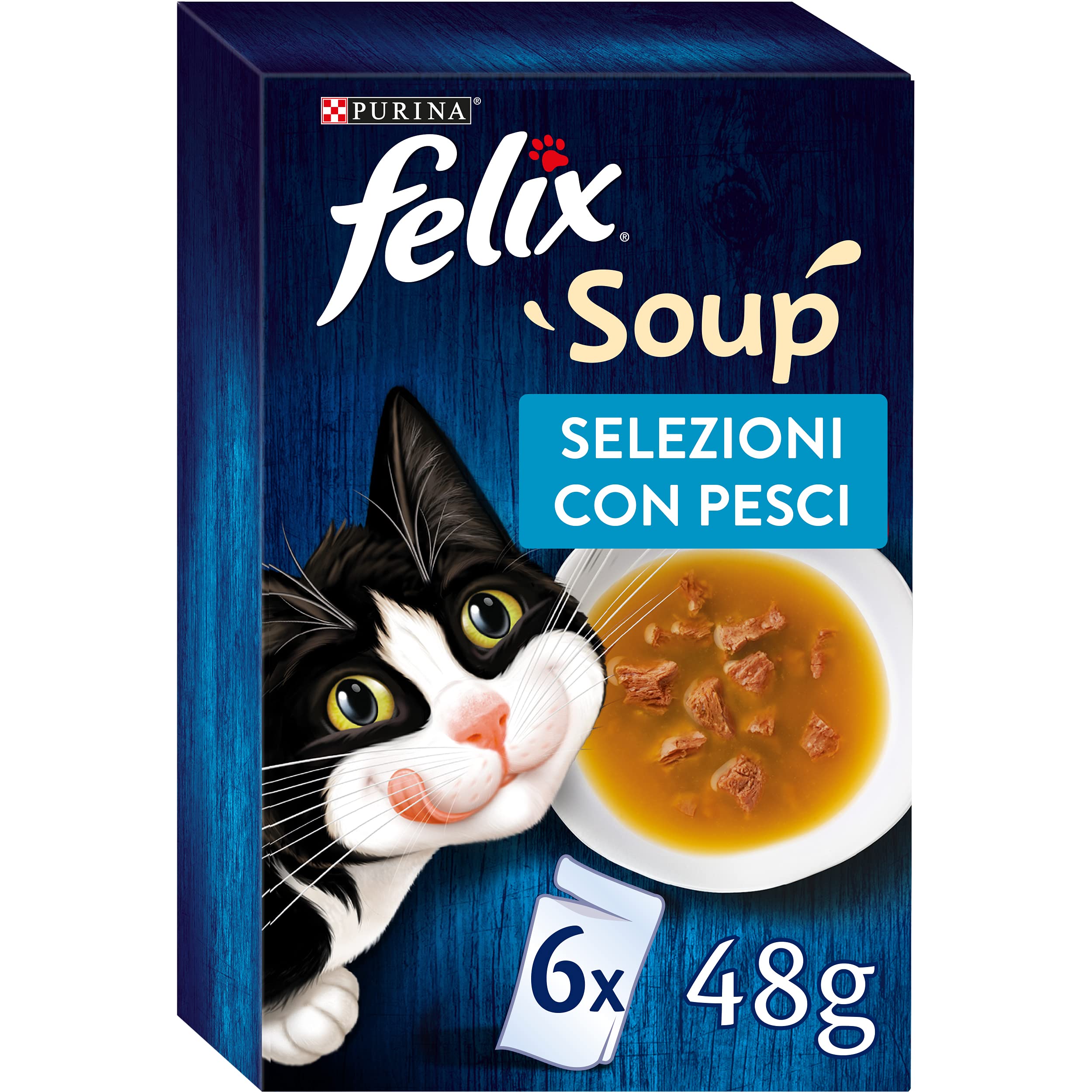 Purina Felix Soup Original Wet Food for Cats with Cod, Tuna and Platessa, 8 Packs with 48 Bags of 48 g