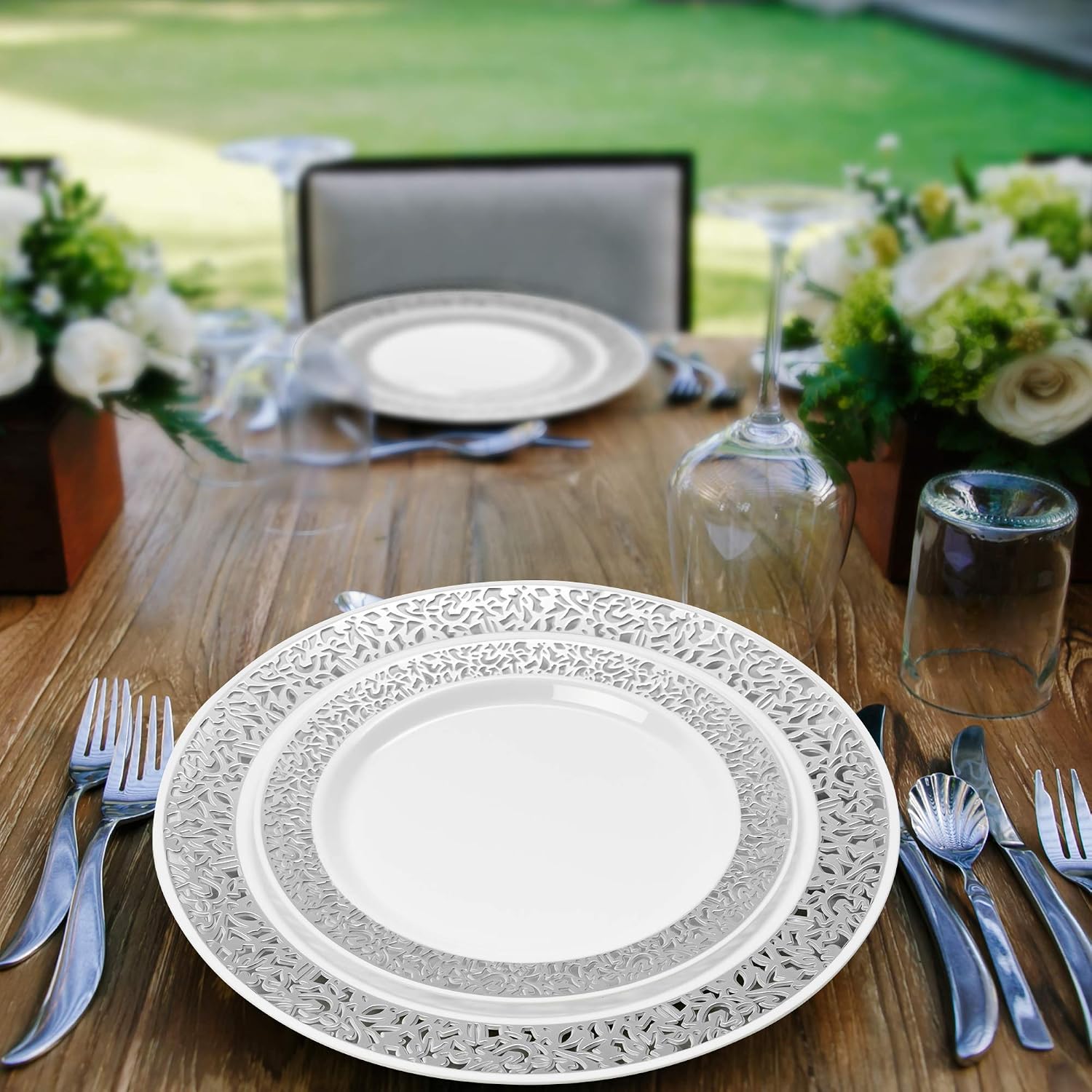 MATANA 40 Premium White Plastic Plates with Silver Lace Rim, 20 Dinner and 20 Dessert Plates - Image 3
