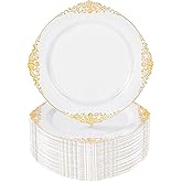 Nervure 100Pcs White and Gold Plastic Plates - 10.25Inch Gold Disposable Plates - Heavyweight Dinner Plate for Wedding & Party