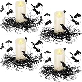 Yunlly 4 Pcs Halloween Candle Rings Wreath Black Black Twig Bat, Bat | 4 Pcs Pillar Flameless Candle 3 Inch, Small Halloween Wreath, Indoor Gothic Spooky Decorations, Party Home Table Centerpiece