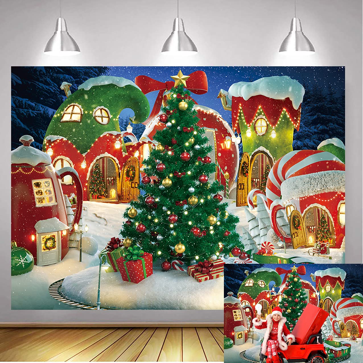 WANGRJ Christmas Village Backdrop Xmas Tree Candy Gift Winter Fairy House Background Kid Family Party Decoration Photo Booth Props 8x6FT