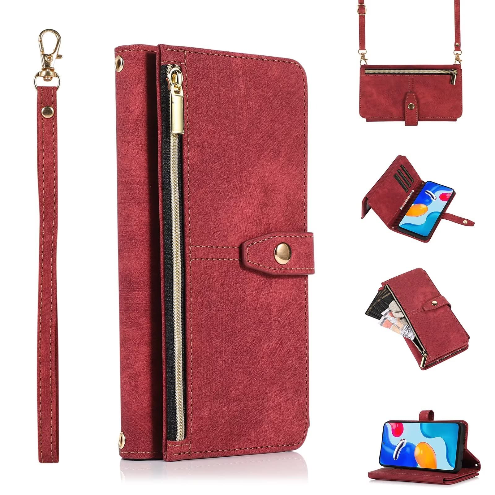 ESONG Case for Xiaomi Redmi Note 12 5G,PU Leather Zipper Wallet Flip Magnetic Full Protection Shockproof Cover,Crossbody phone Case for Women[9 Card Slot/2 Coin Pouch/Kickstand],Red