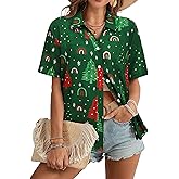 Dresswel Christmas Shirt Women Hawaiian Button Down Shirts Funny Xmas Graphic Blouses Short Sleeve Holiday Beach Tops