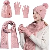 QUIRAI Winter Hat Gloves Scarf Set Women,Fleece Lined Beanie with Pom,Scarf Touchscreen Gloves,Valentine's Day Gifts for Her