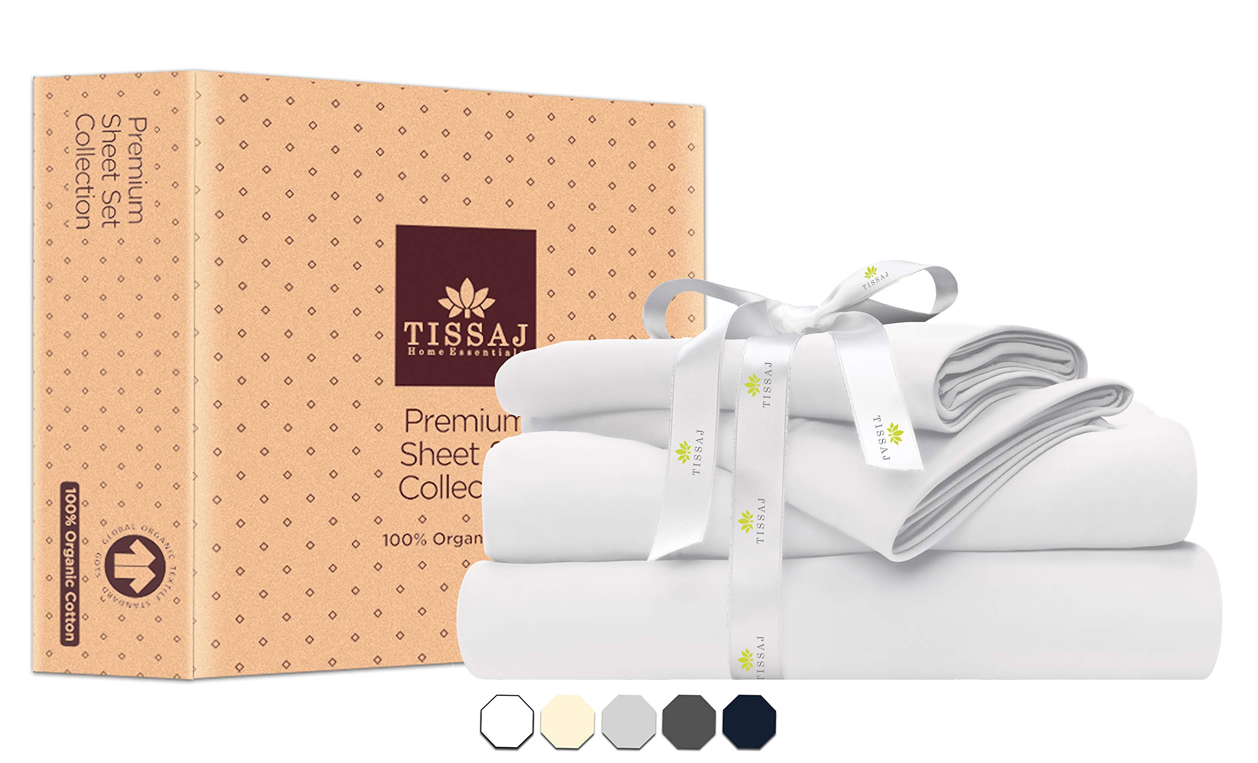 Tissaj 100% Organic Cotton Sheet Set - GOTS Certified - 1 Fitted Sheet, 1 Flat Sheet and Pillowcases (Single, Ultra White)