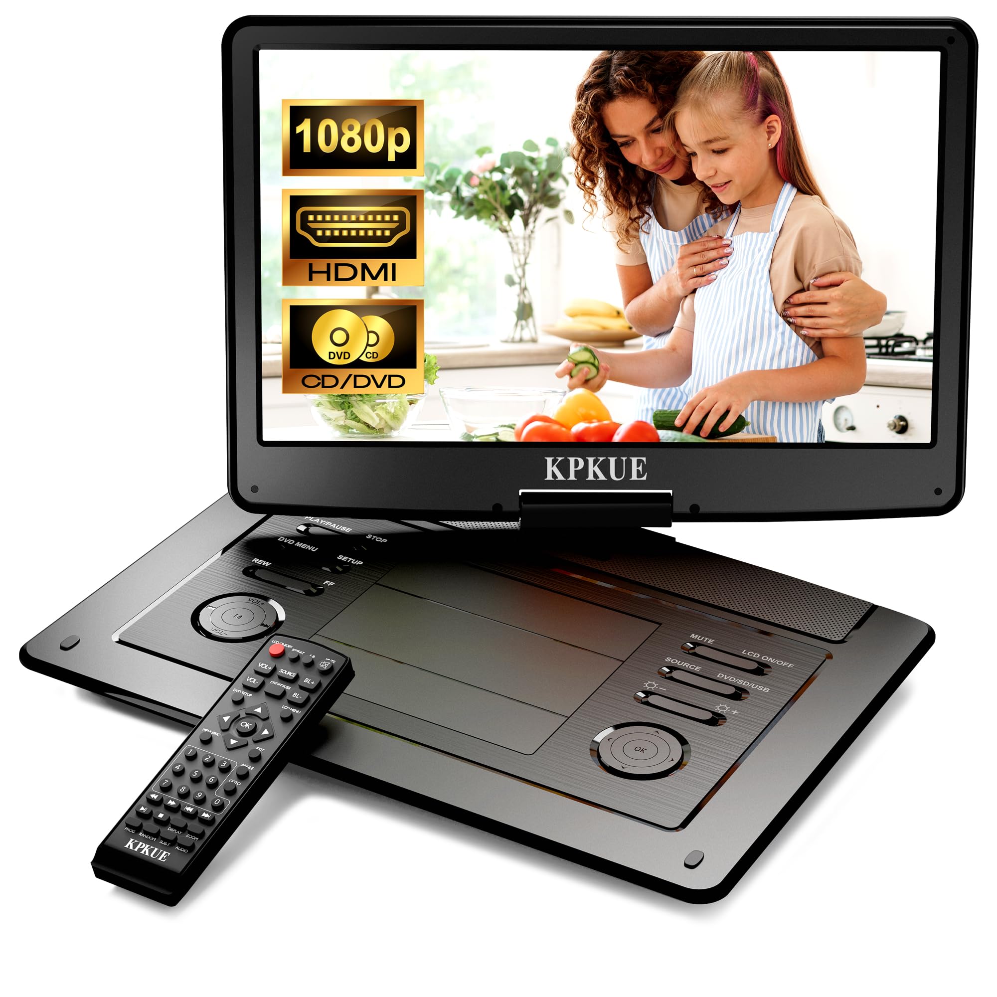 KPKUE 18” Portable DVD Player with 15.6-inch 1080P Swivel Screen, HDMI Input, Large Matte Monitor Protect Eyes, 4-Hour Battery Life, Region Free, Support Multi-Disc, Type-C, USB&SD Card for Road Trip