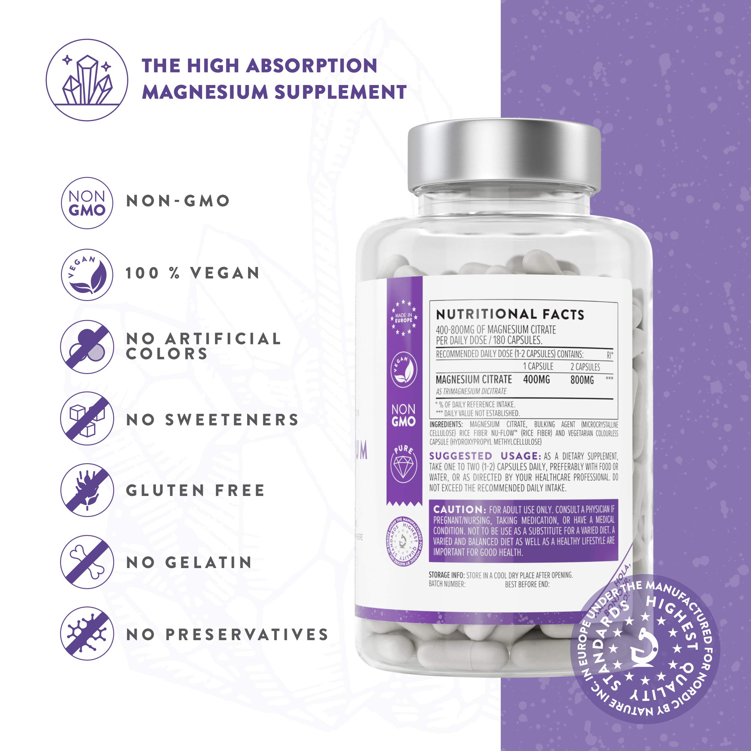 Magnesium Citrate Supplement [ 400 mg ] 180 Caps by Aava Labs Pure