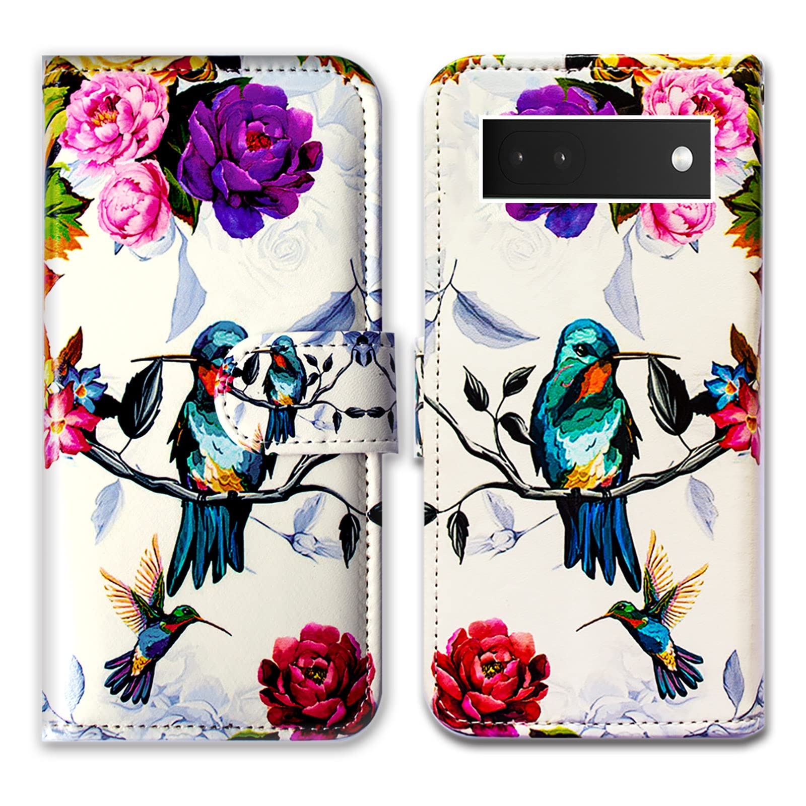 Bcov Pixel 6a Case, Hummingbird In Flowers Bird Leather Flip Phone Case Wallet Cover with Card Slot Holder Kickstand For Google Pixel 6a