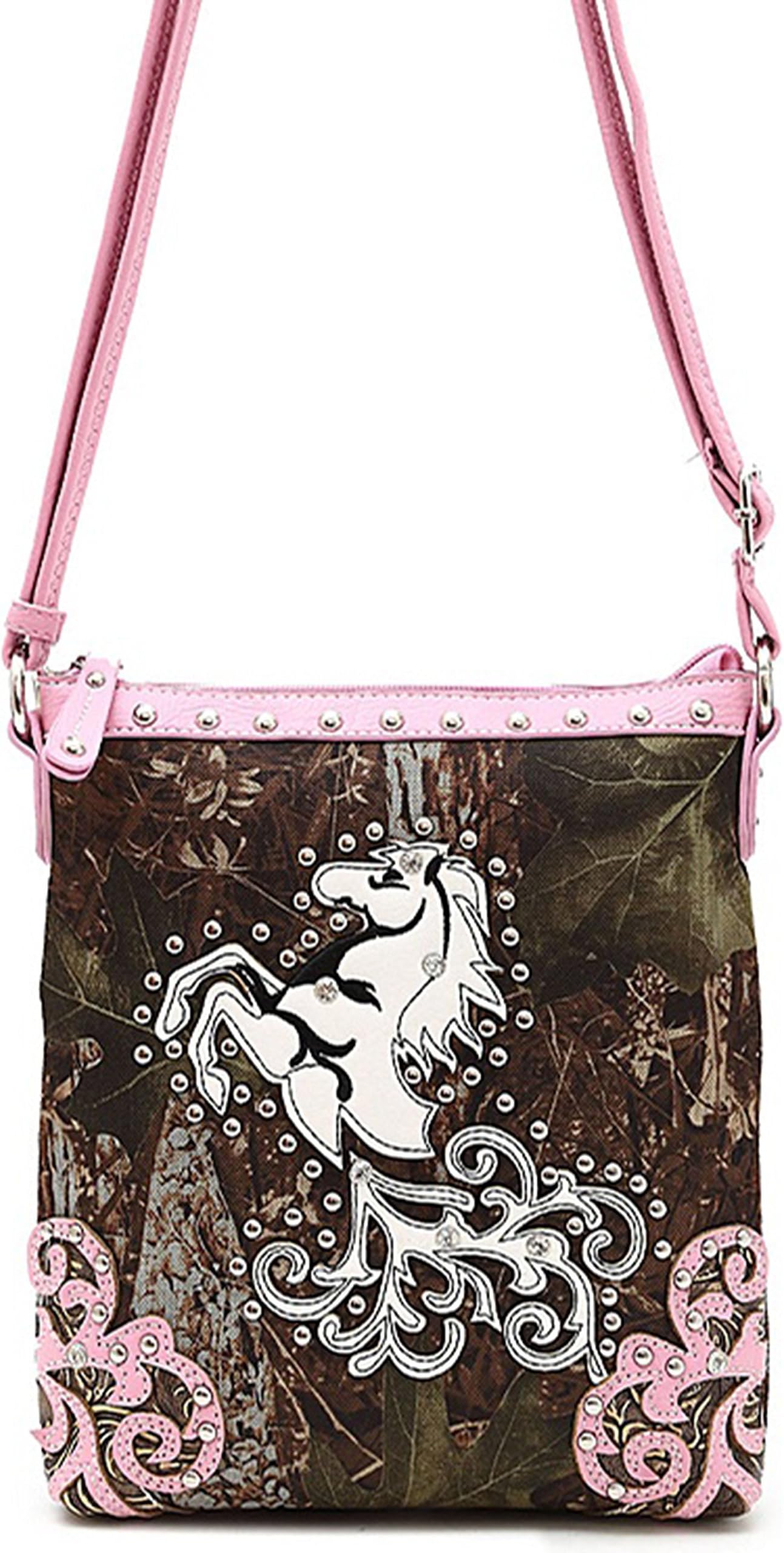 Pretty Camo Western Studded Horse Cross Body Purse Messenger Bag