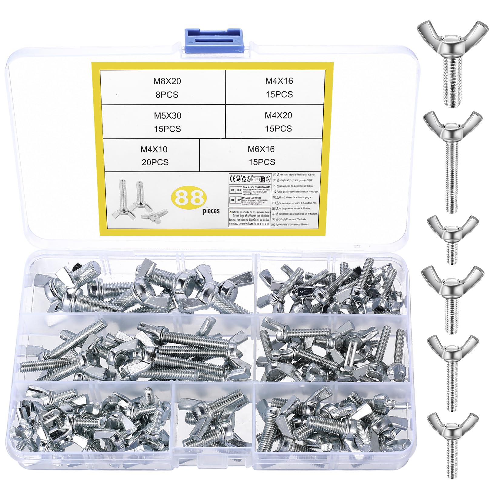 Wing Nuts Assortment Kit, Stainless Steel Wingnuts, Butterfly Nuts Wing Nut Sets for DIY Tools, Electronic Devices Hardware (88 silver)